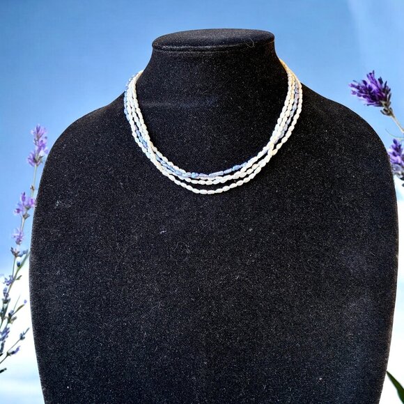 Vintage Fresh Water Pearl Necklace 3 Strands White & Blue Sterling Silver Clasp - Picture 3 of 10